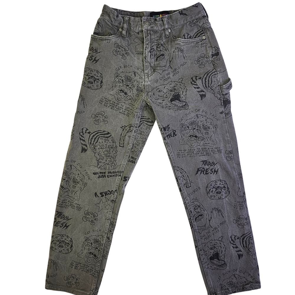 Teddy Fresh Doodle Print Carpenter Denim Pants Grey Mens 26‎